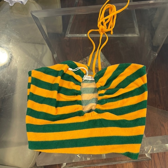 Zara small green orange stripe Terry cloth tie around neck crop top - Picture 1 of 2